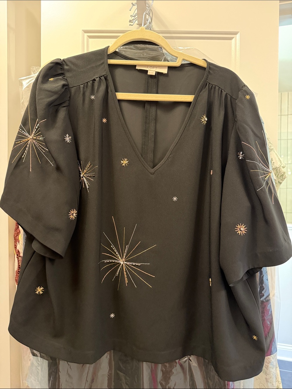 Starburst Embroidered V-Neck Blouse - Black